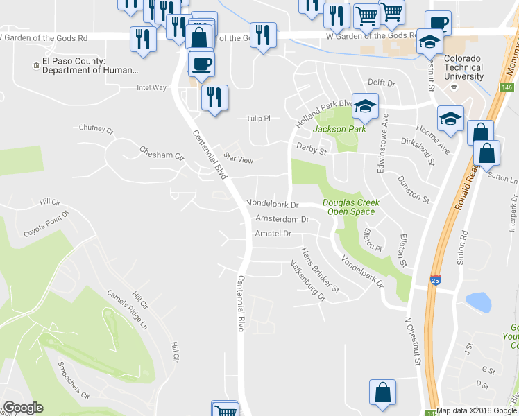 map of restaurants, bars, coffee shops, grocery stores, and more near 3950 Stonedike Drive in Colorado Springs