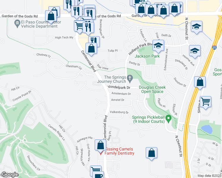map of restaurants, bars, coffee shops, grocery stores, and more near 3950 Stonedike Drive in Colorado Springs