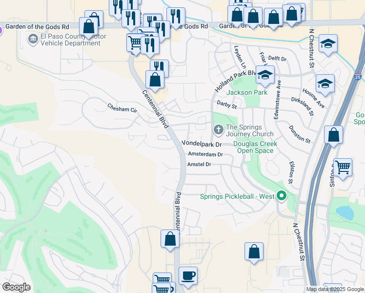 map of restaurants, bars, coffee shops, grocery stores, and more near 3950 Stonedike Drive in Colorado Springs