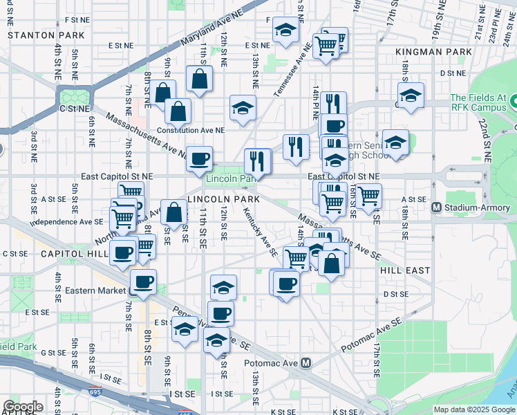 map of restaurants, bars, coffee shops, grocery stores, and more near 101 Independence Avenue Southeast in Washington