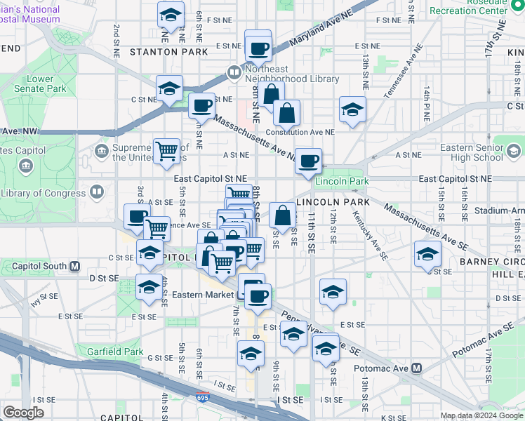 map of restaurants, bars, coffee shops, grocery stores, and more near 101 Independence Avenue Southeast in Washington