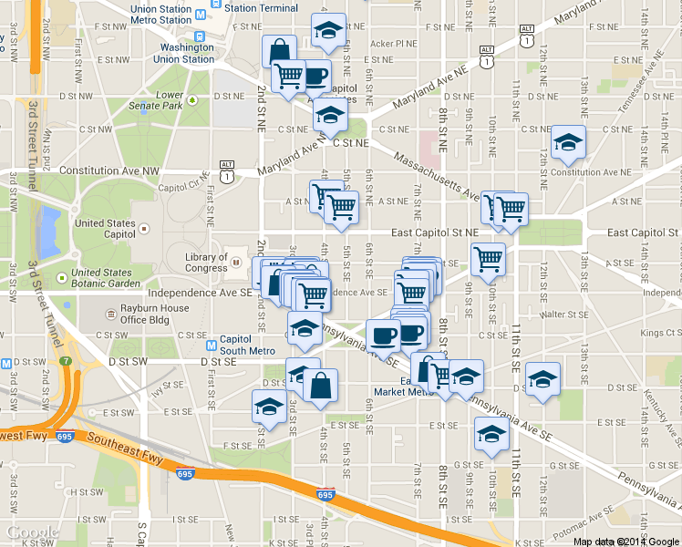 map of restaurants, bars, coffee shops, grocery stores, and more near 101 Independence Avenue Southeast in Washington