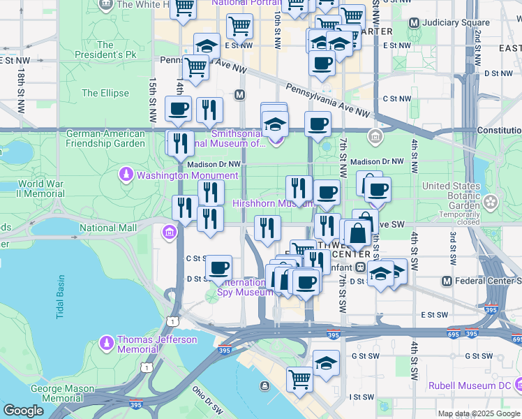 map of restaurants, bars, coffee shops, grocery stores, and more near 101 Independence Avenue Southeast in Washington