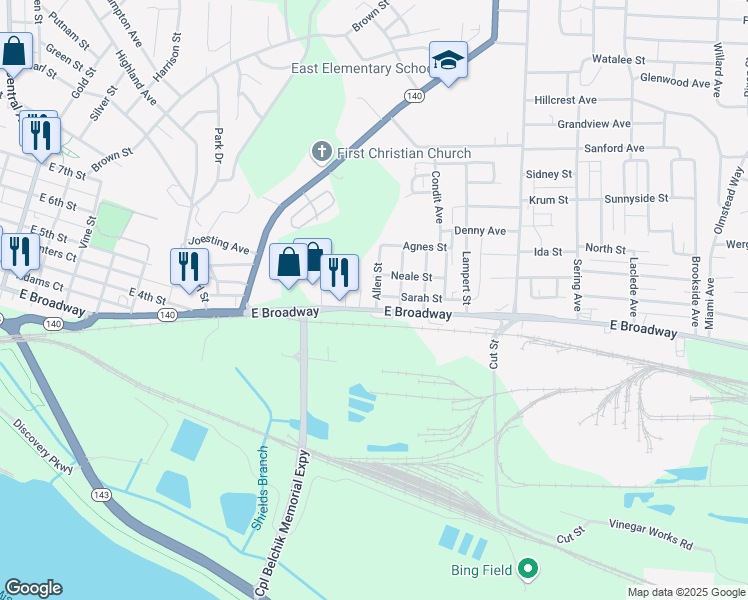 map of restaurants, bars, coffee shops, grocery stores, and more near 227 Allen Street in Alton