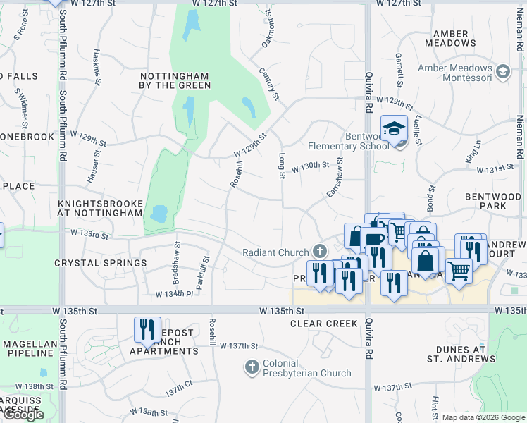 map of restaurants, bars, coffee shops, grocery stores, and more near 12504 West 130th Terrace in Overland Park