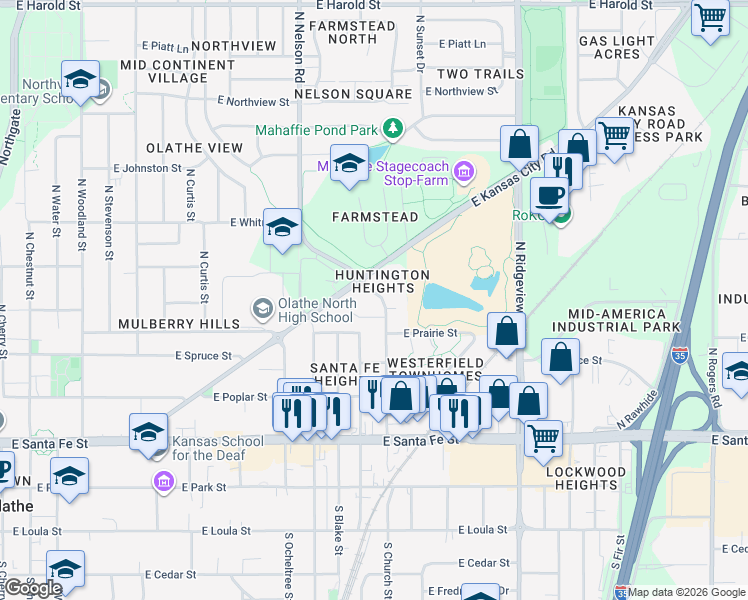 map of restaurants, bars, coffee shops, grocery stores, and more near 1024 East Dover Circle in Olathe