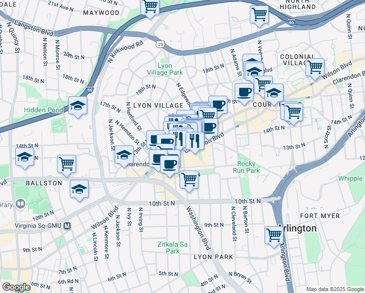 map of restaurants, bars, coffee shops, grocery stores, and more near North Fillmore Street in Arlington