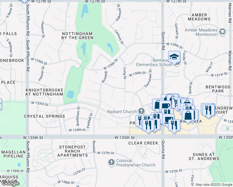 map of restaurants, bars, coffee shops, grocery stores, and more near 12504 West 130th Terrace in Overland Park