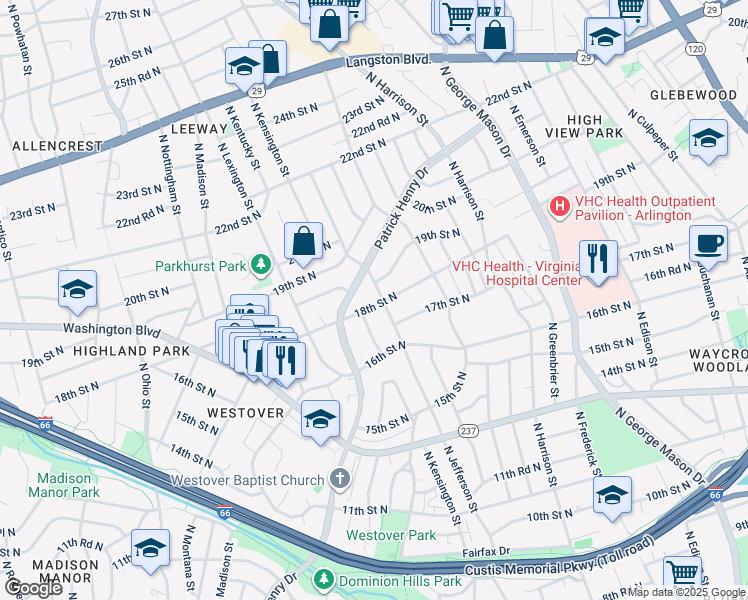 map of restaurants, bars, coffee shops, grocery stores, and more near 1800 North Jefferson Street in Arlington