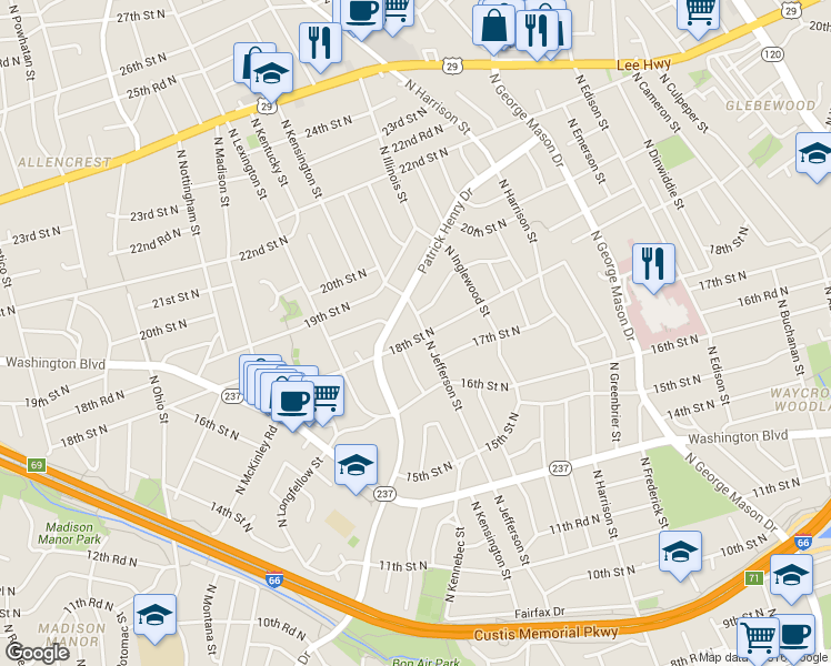 map of restaurants, bars, coffee shops, grocery stores, and more near 1800 North Jefferson Street in Arlington