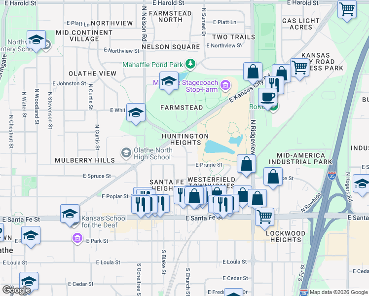 map of restaurants, bars, coffee shops, grocery stores, and more near 1024 East Dover Circle in Olathe