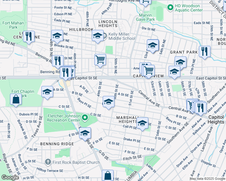 map of restaurants, bars, coffee shops, grocery stores, and more near 4932 A Street Southeast in Washington