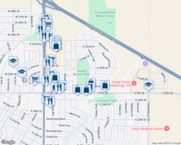 map of restaurants, bars, coffee shops, grocery stores, and more near 2814 Grant Avenue in Hays