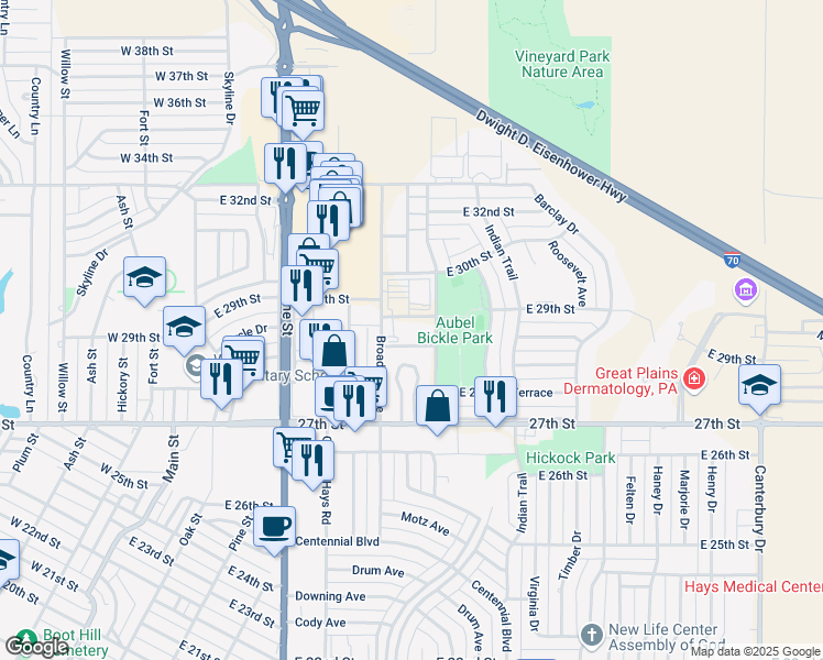 map of restaurants, bars, coffee shops, grocery stores, and more near 1414 East 29th Street in Hays