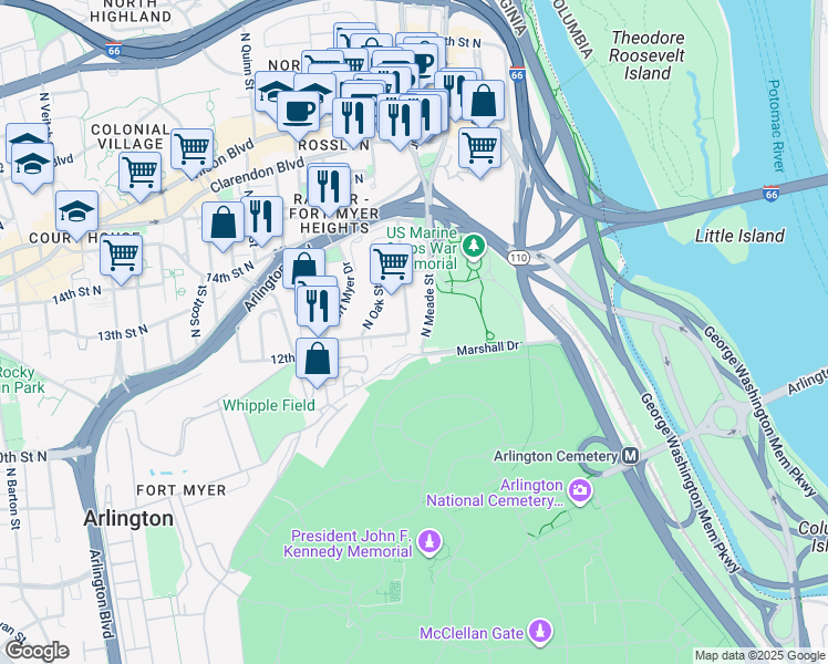 map of restaurants, bars, coffee shops, grocery stores, and more near 1201 North Nash Street in Arlington
