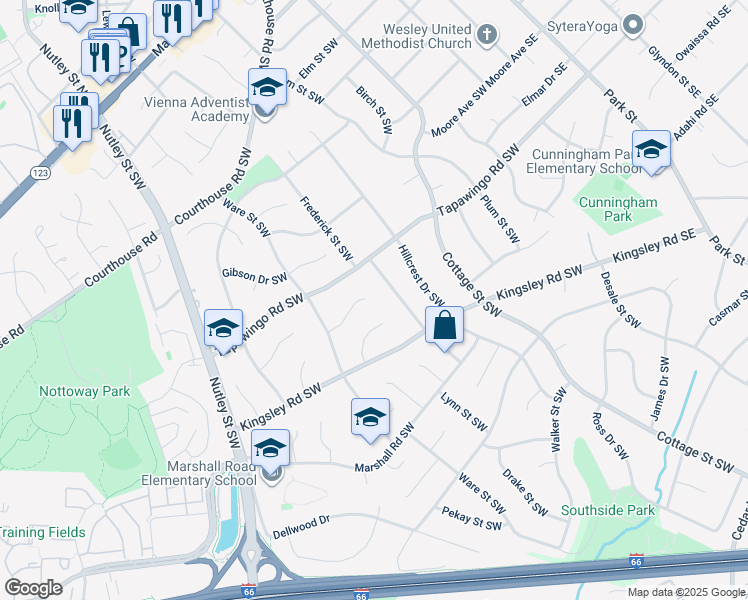 map of restaurants, bars, coffee shops, grocery stores, and more near 502 Kibler Circle Southwest in Vienna