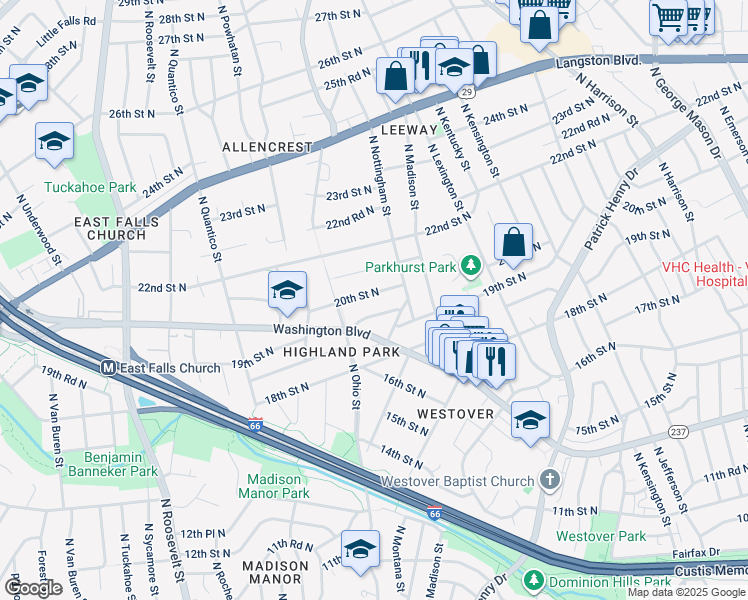 map of restaurants, bars, coffee shops, grocery stores, and more near 6030 20th Street North in Arlington
