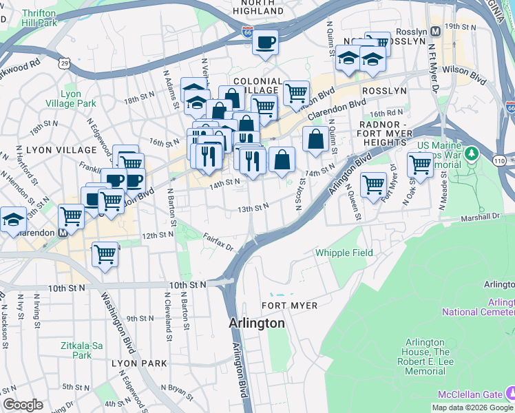 map of restaurants, bars, coffee shops, grocery stores, and more near 1301 North Courthouse Road in Arlington