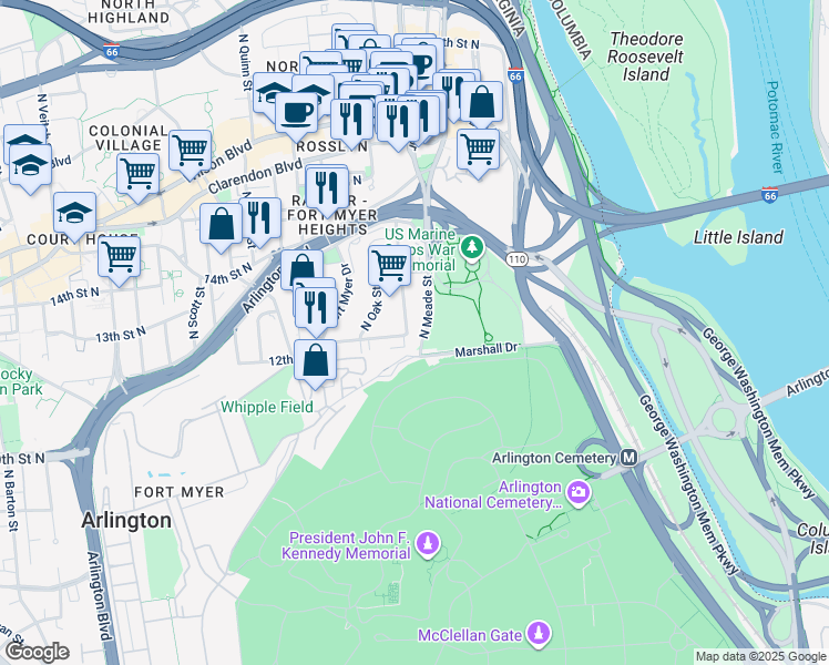 map of restaurants, bars, coffee shops, grocery stores, and more near 1201 North Nash Street in Arlington