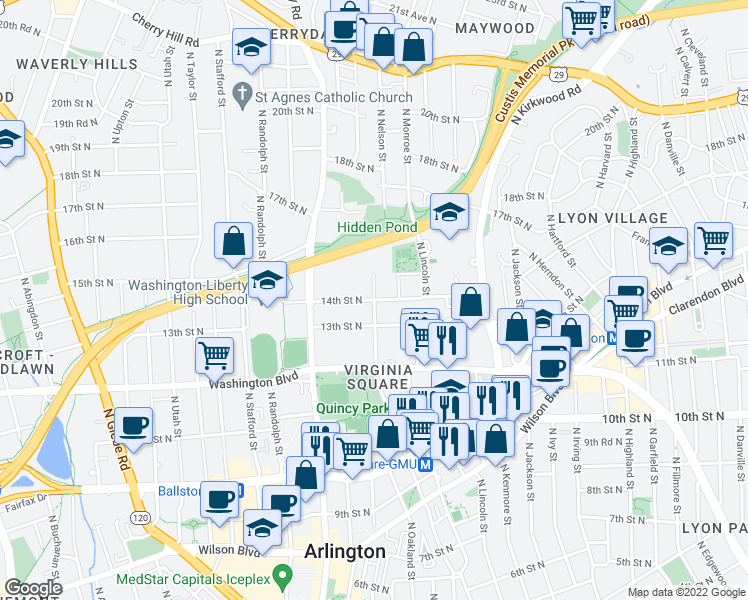 map of restaurants, bars, coffee shops, grocery stores, and more near N Nelson St & 14th St N in Arlington