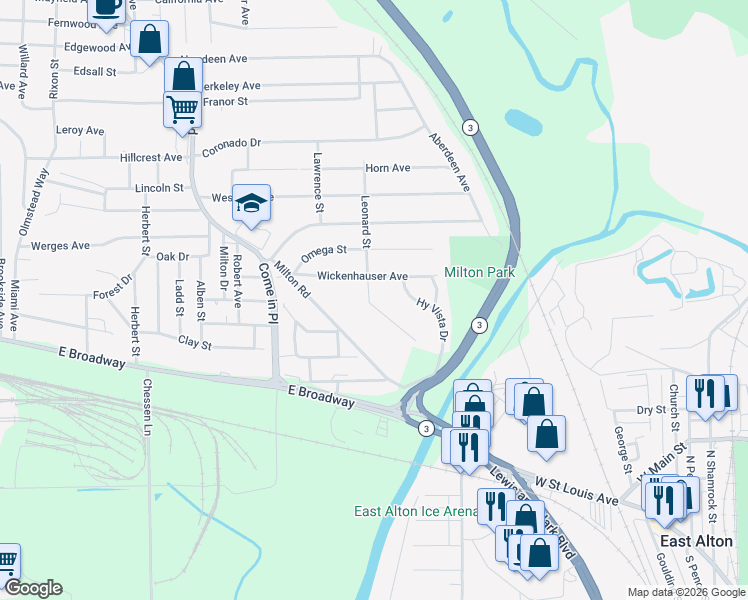 map of restaurants, bars, coffee shops, grocery stores, and more near 3605 Wickenhauser Avenue in Alton