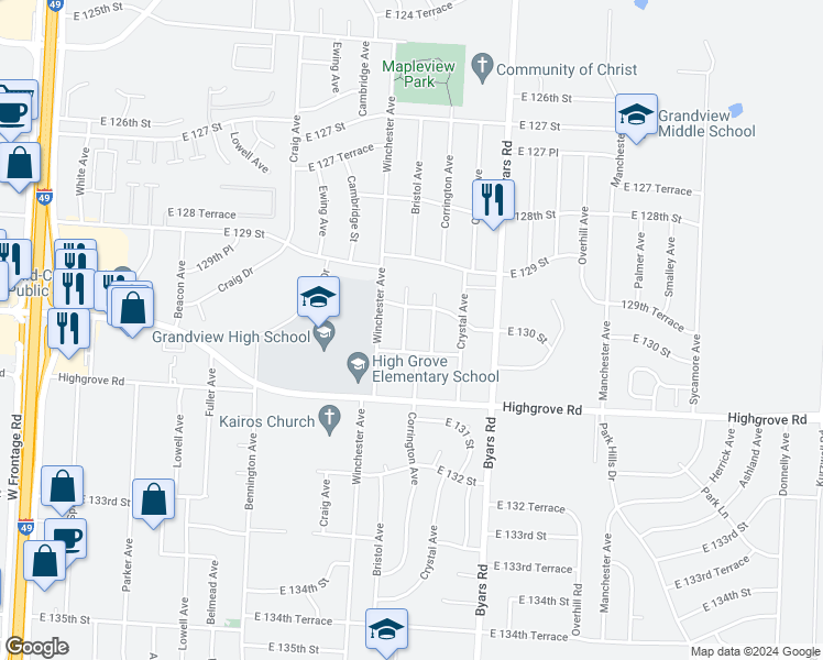 map of restaurants, bars, coffee shops, grocery stores, and more near 13009 Bristol Avenue in Grandview