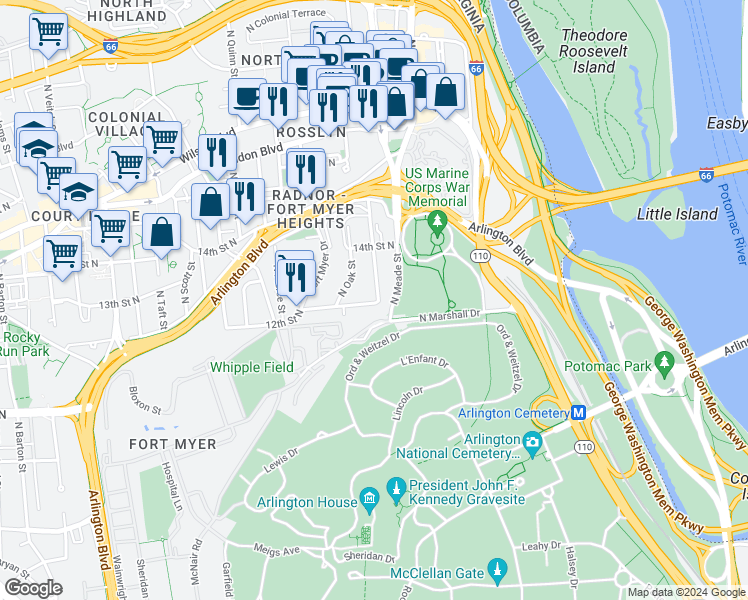 map of restaurants, bars, coffee shops, grocery stores, and more near 1200 North Nash Street in Arlington