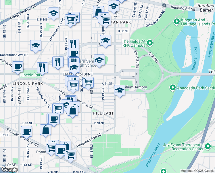 map of restaurants, bars, coffee shops, grocery stores, and more near 1815 A Street Southeast in Washington