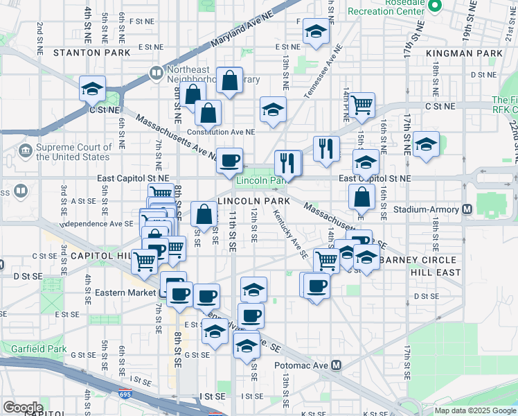 map of restaurants, bars, coffee shops, grocery stores, and more near 134 12th Street Southeast in Washington