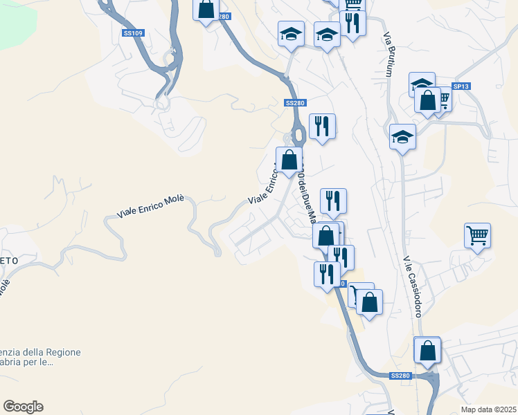 map of restaurants, bars, coffee shops, grocery stores, and more near Via Monsignor Armando Fares in Catanzaro
