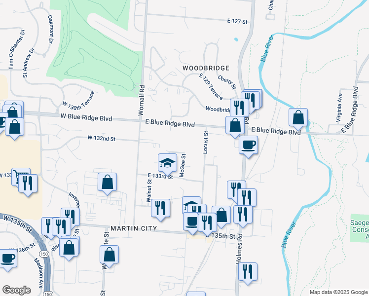 map of restaurants, bars, coffee shops, grocery stores, and more near 216 East 132nd Street in Kansas City