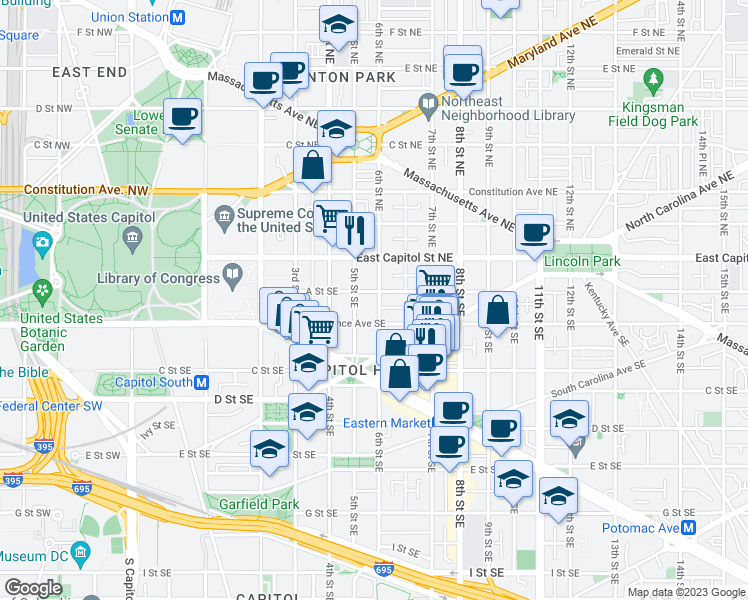 map of restaurants, bars, coffee shops, grocery stores, and more near 105 6th Street Southeast in Washington