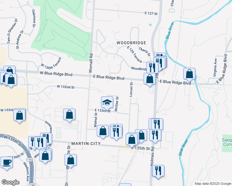 map of restaurants, bars, coffee shops, grocery stores, and more near 216 East 132nd Street in Kansas City