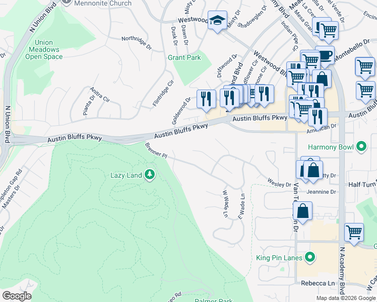 map of restaurants, bars, coffee shops, grocery stores, and more near 3102 Wesley Lane in Colorado Springs
