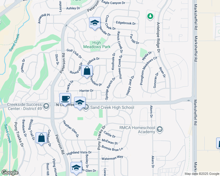 map of restaurants, bars, coffee shops, grocery stores, and more near 3868 Springs Ranch Drive in Colorado Springs