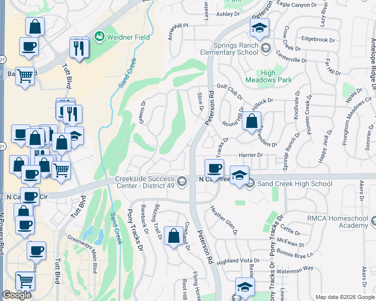map of restaurants, bars, coffee shops, grocery stores, and more near 3976 Riviera Grove in Colorado Springs