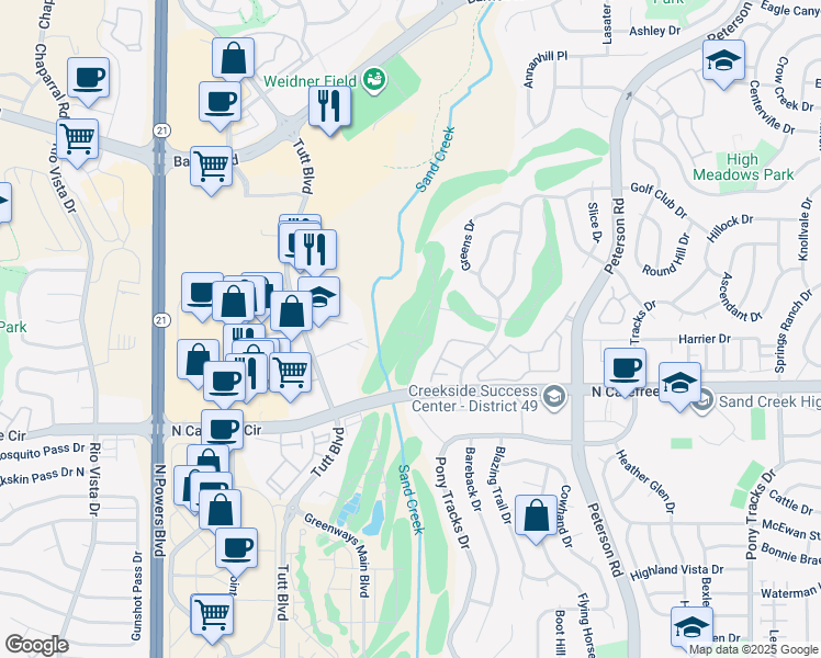 map of restaurants, bars, coffee shops, grocery stores, and more near 6504 Range Overlook Heights in Colorado Springs