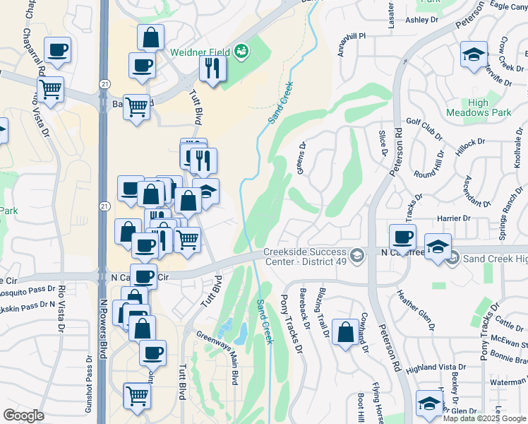 map of restaurants, bars, coffee shops, grocery stores, and more near 6504 Range Overlook Heights in Colorado Springs