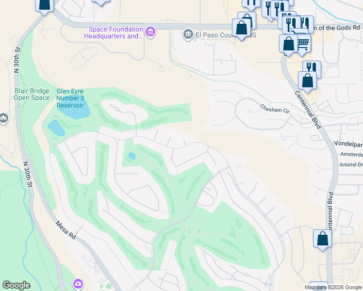 map of restaurants, bars, coffee shops, grocery stores, and more near 3915 Lumina View in Colorado Springs