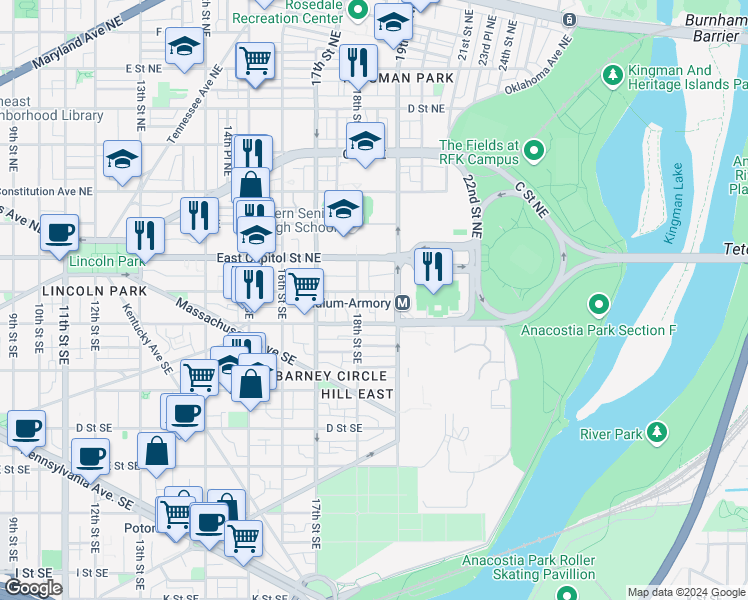 map of restaurants, bars, coffee shops, grocery stores, and more near 101 Independence Avenue Southeast in Washington
