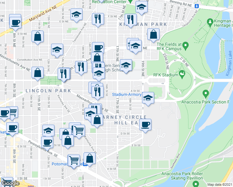 map of restaurants, bars, coffee shops, grocery stores, and more near 101 Independence Avenue Southeast in Washington