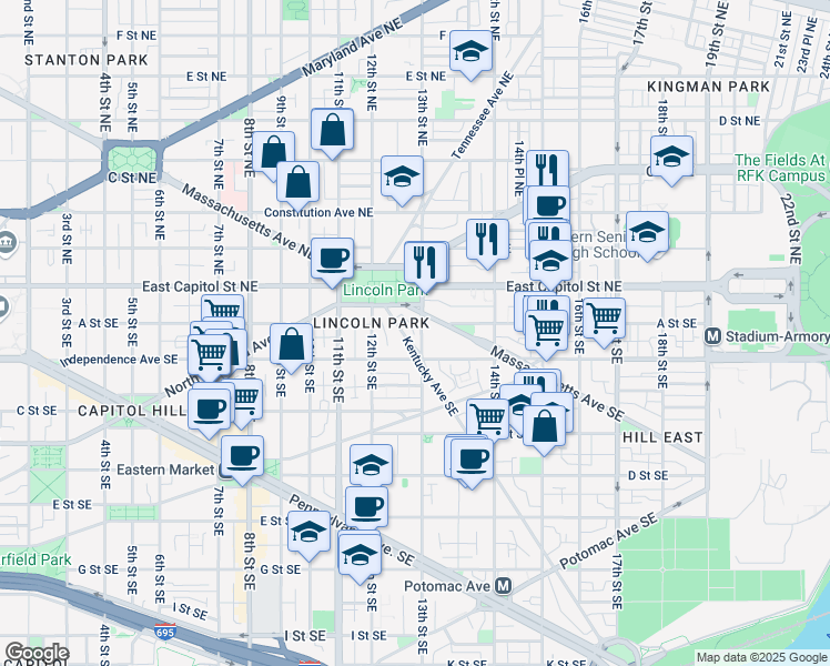 map of restaurants, bars, coffee shops, grocery stores, and more near 101 Independence Avenue Southeast in Washington