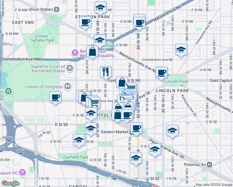 map of restaurants, bars, coffee shops, grocery stores, and more near 101 Independence Avenue Southeast in Washington