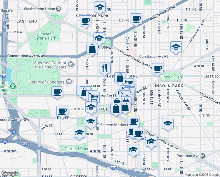 map of restaurants, bars, coffee shops, grocery stores, and more near 105 6th Street Southeast in Washington