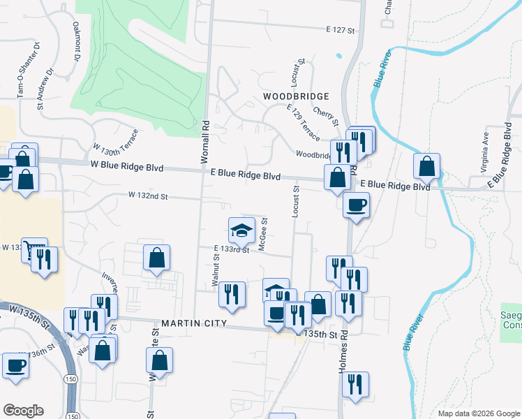 map of restaurants, bars, coffee shops, grocery stores, and more near 216 East 132nd Street in Kansas City