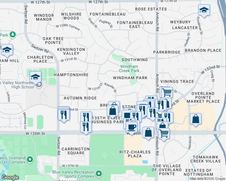 map of restaurants, bars, coffee shops, grocery stores, and more near 9128 West 131st Court in Overland Park