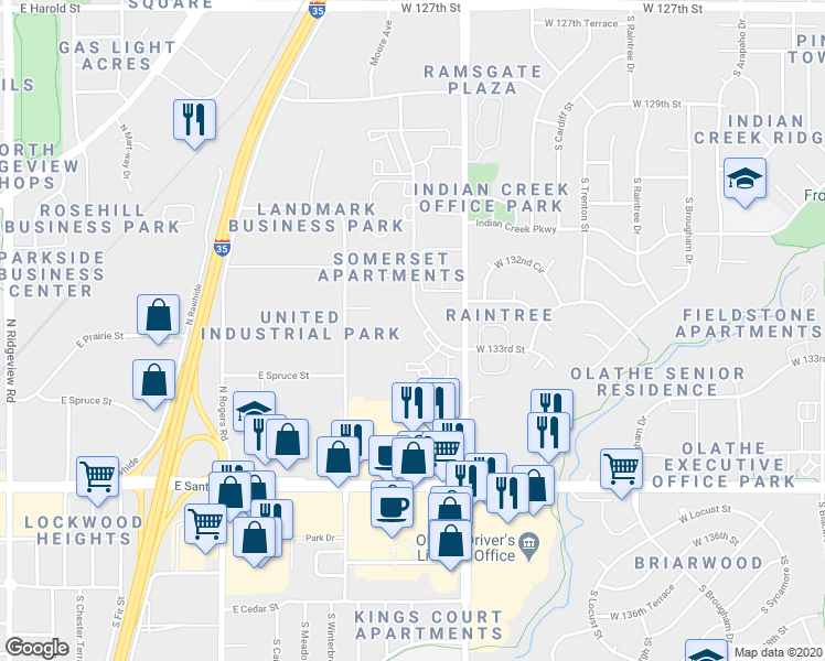map of restaurants, bars, coffee shops, grocery stores, and more near 569 North Somerset Terrace in Olathe