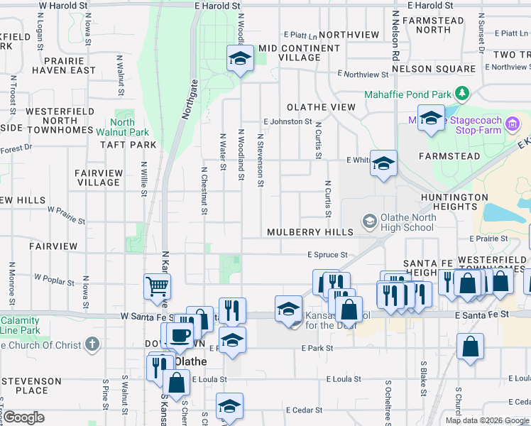 map of restaurants, bars, coffee shops, grocery stores, and more near 533 North Stevenson Street in Olathe