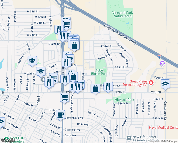 map of restaurants, bars, coffee shops, grocery stores, and more near 1414 East 29th Street in Hays
