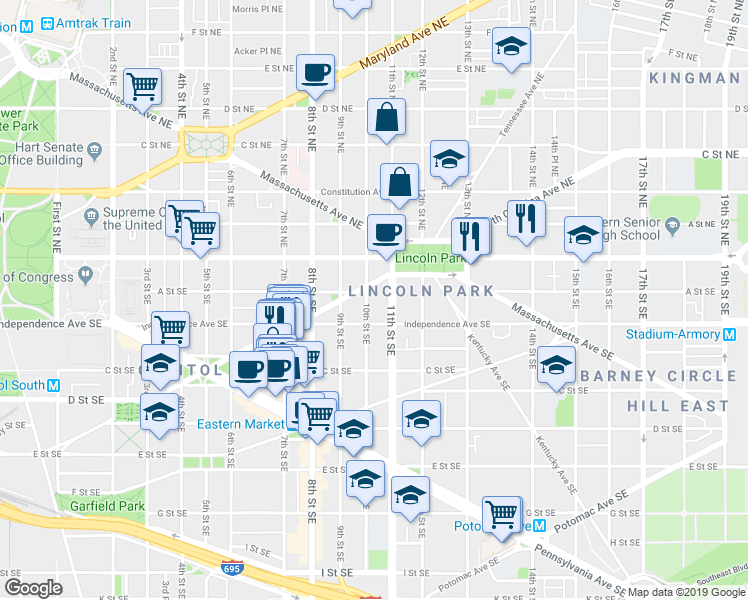 map of restaurants, bars, coffee shops, grocery stores, and more near 110 10th Street Southeast in Washington